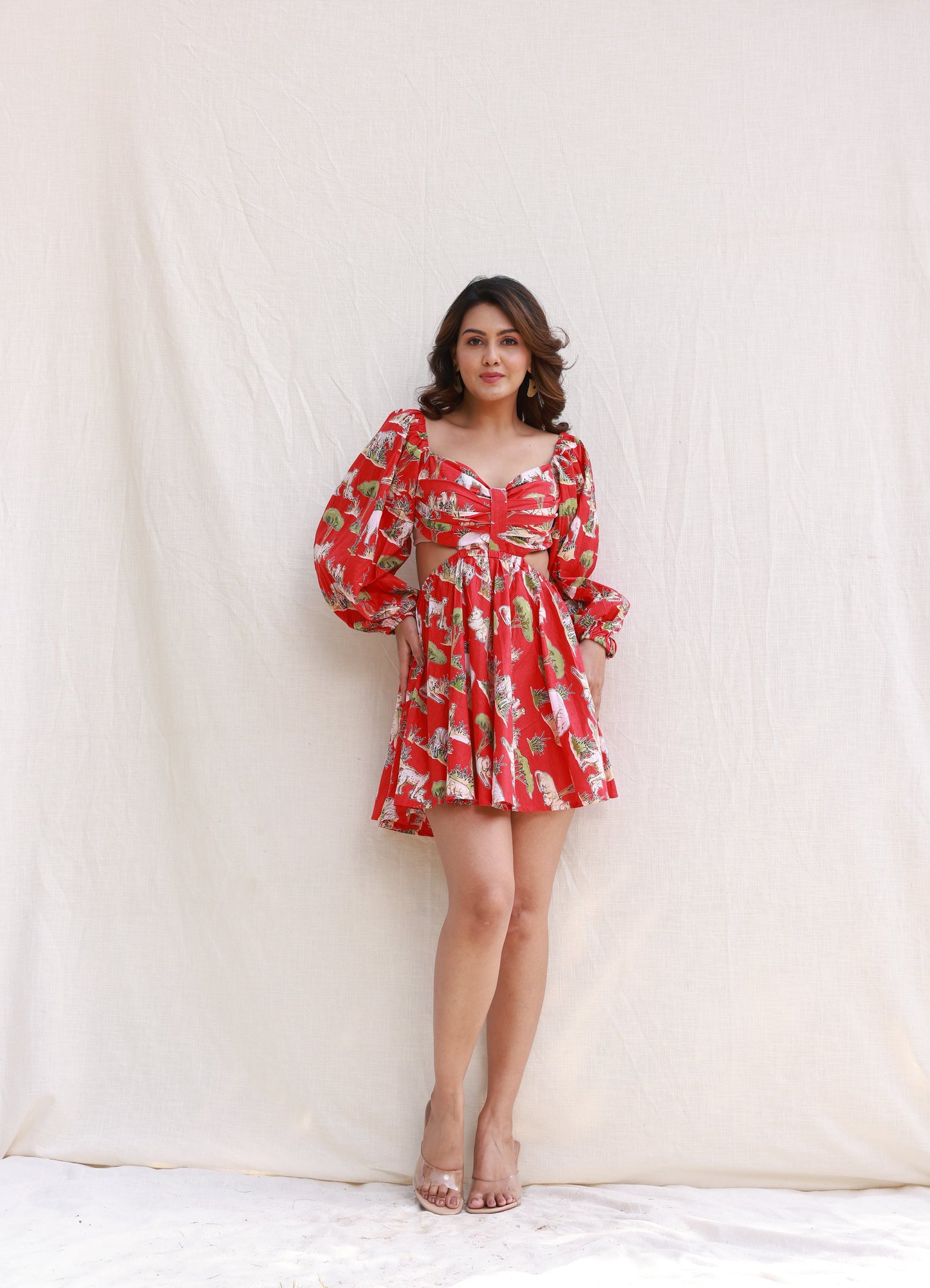 Moonstruck - Side waist cut-out backless red printed dress