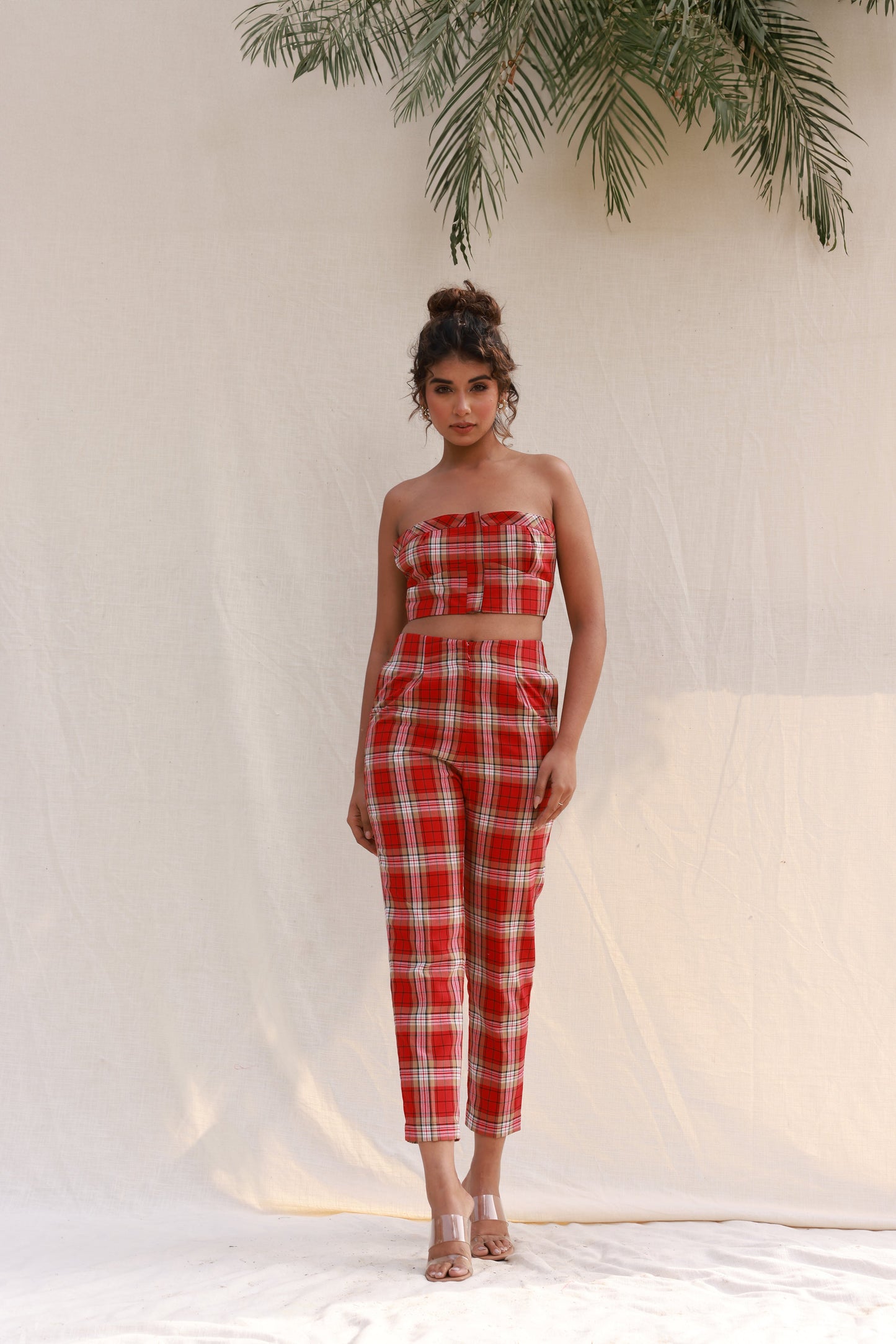 Moonstruck - Red checkered tube top with straight pants co-ord set