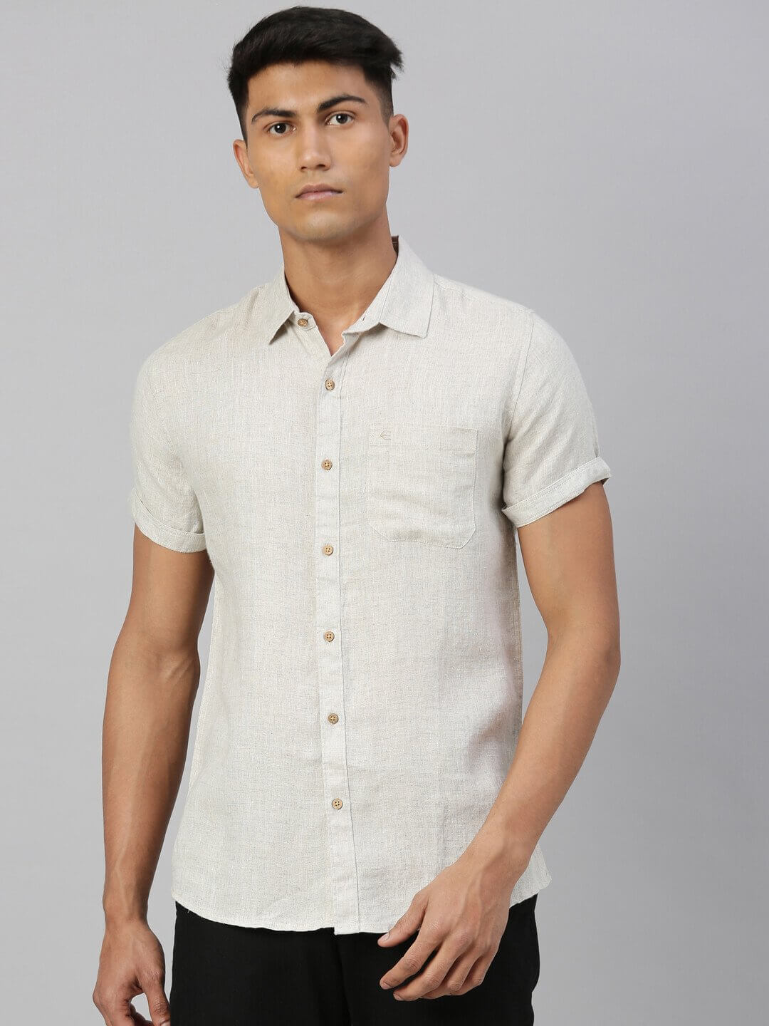 Ecentric - Men Beige Hemp Casual Half Sleeve Shirt