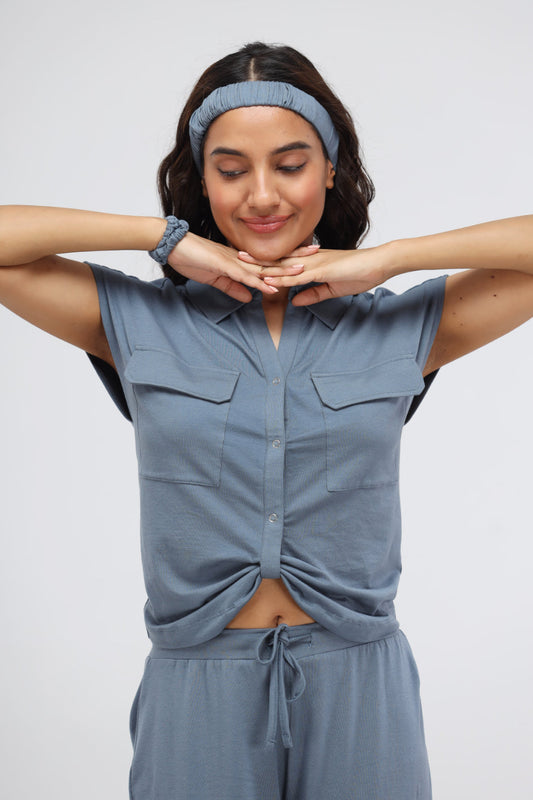 NeceSera - China Blue Supima Collared Top