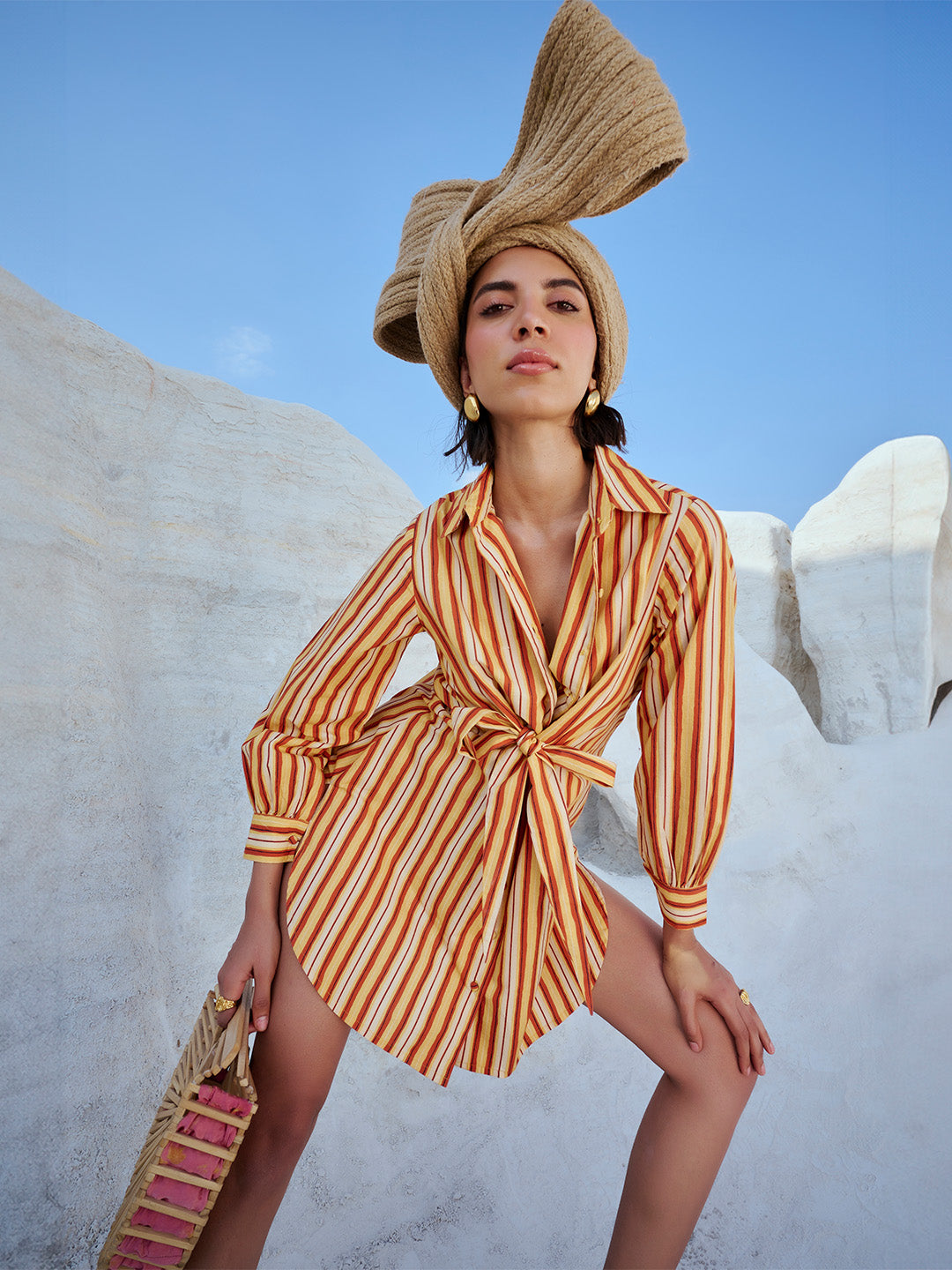 Zaccai - Yellow Cotton Striped Shirt Style Front Tie-Up Dress