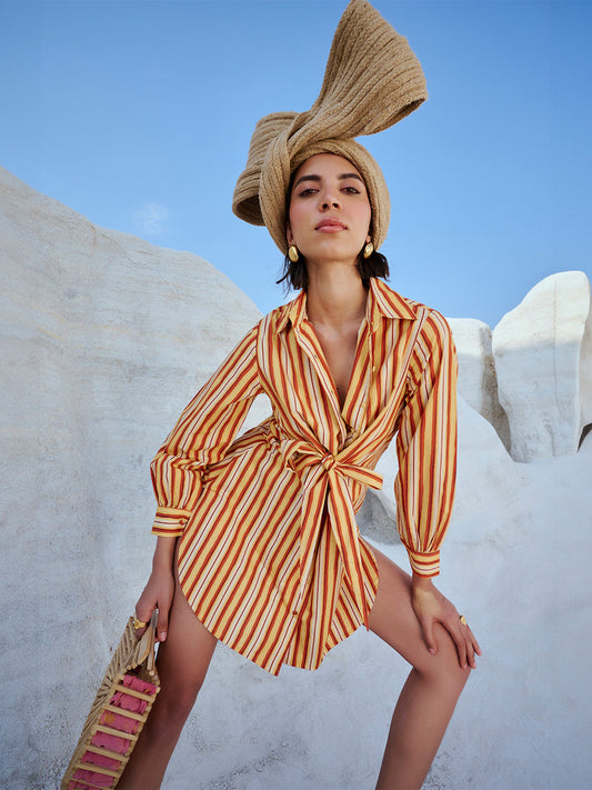 Zaccai - Yellow Cotton Striped Shirt Style Front Tie-Up Dress