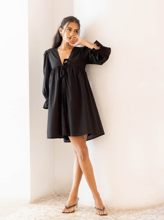 MIMOSA - Front Tieup Balloon Sleeve Mini Dress