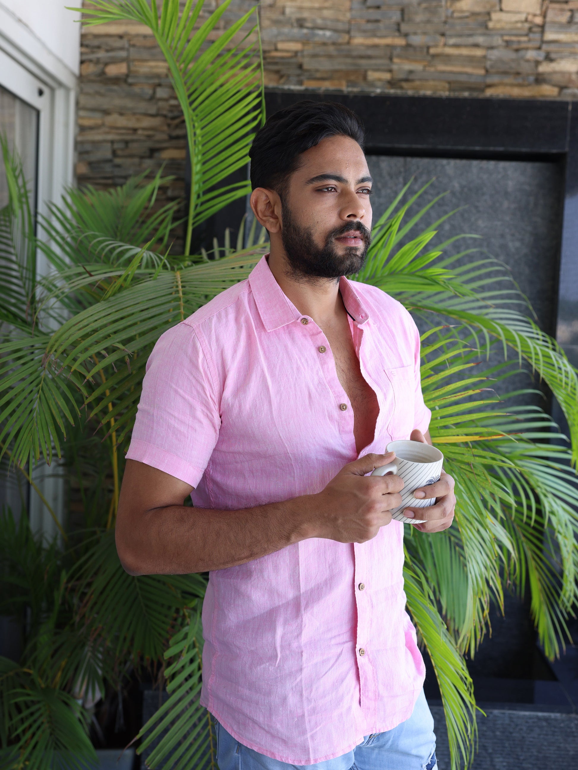 Ecentric - Men Light Pink Hemp Casual Half Sleeve Shirt