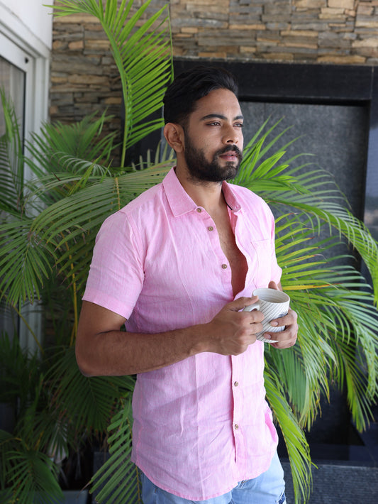 Ecentric - Men Light Pink Hemp Casual Half Sleeve Shirt