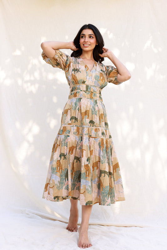 Moonstruck - Animal print beige abstract midi dress