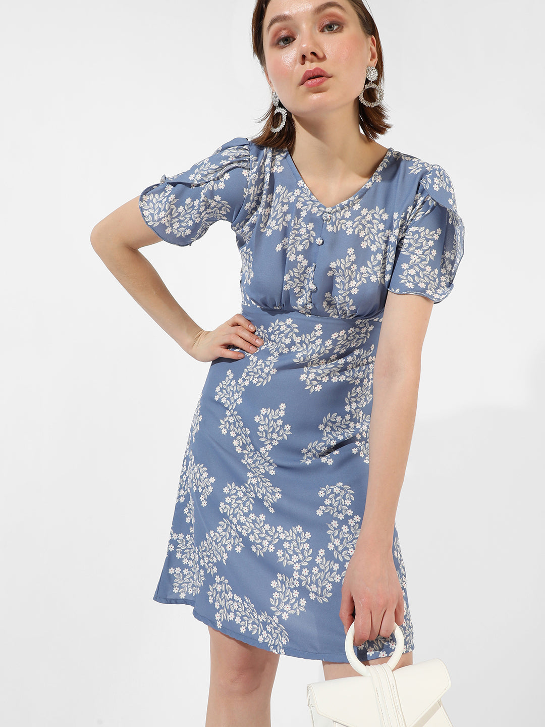 Campus Sutra - Powder Blue Flora A-Line Dress