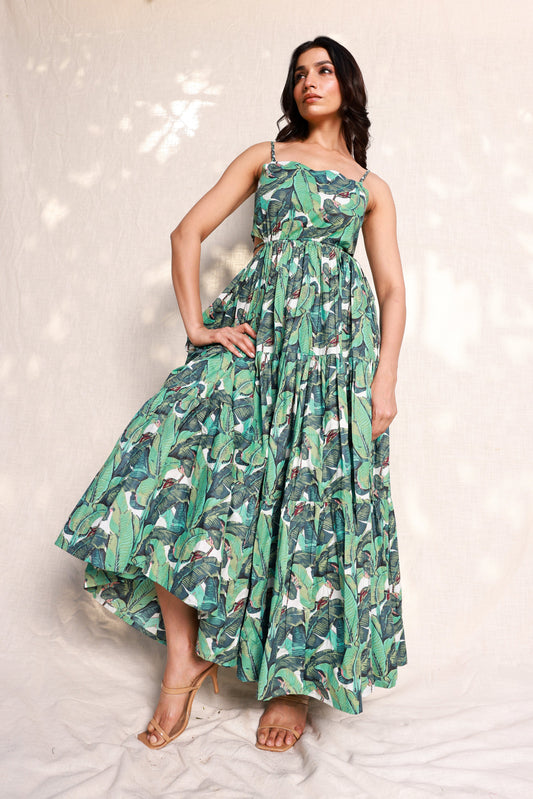 Moonstruck - Banana leaf print green waist cut maxi dress