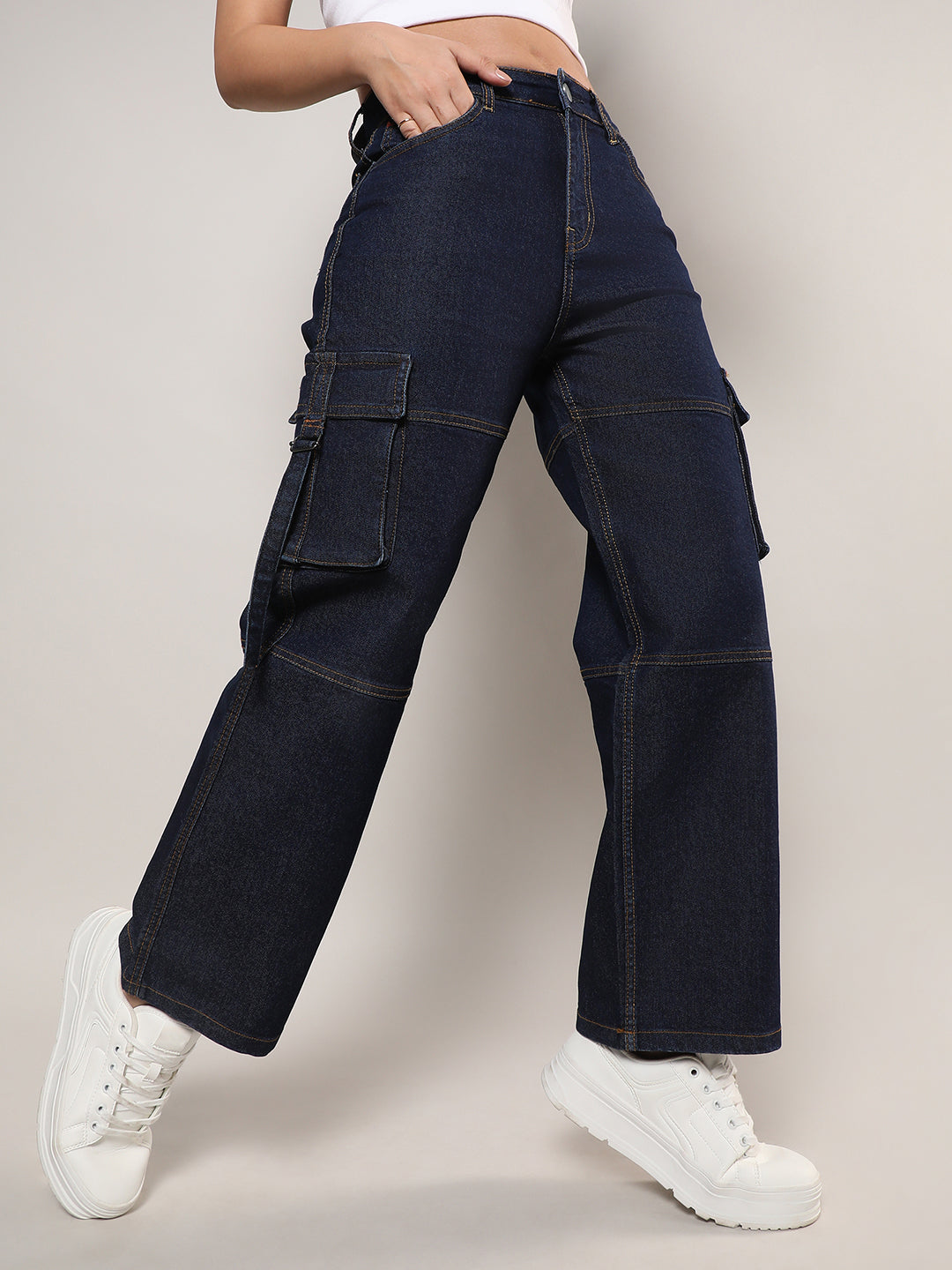 Campus Sutra - Dark Blue Straight Fit Cargo Denim Jeans