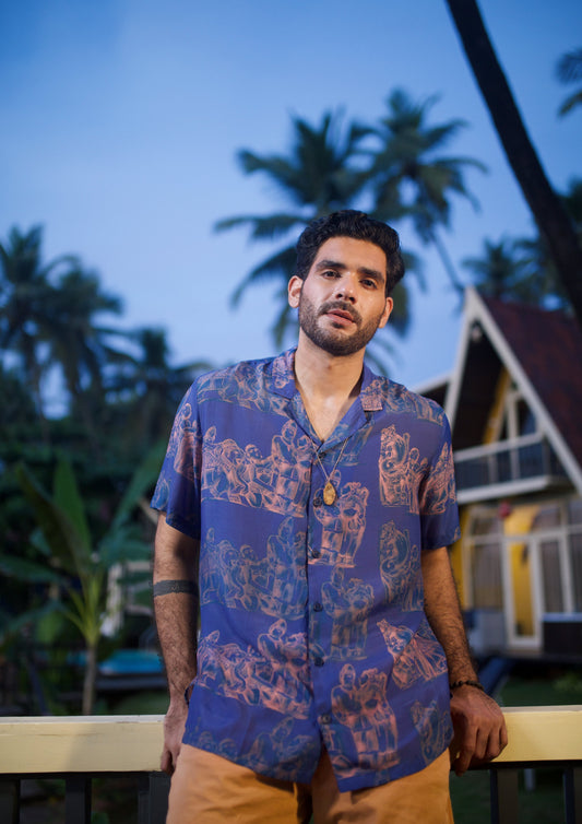 QB Men - Berry Blue Khajuraho Oversize Shirt