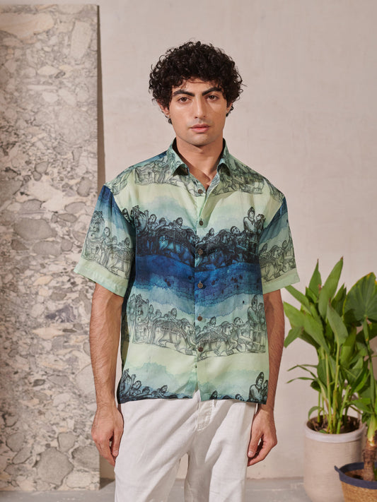 QB Men - Khajuraho-Blue-Drop-Shoulder-Shirt
