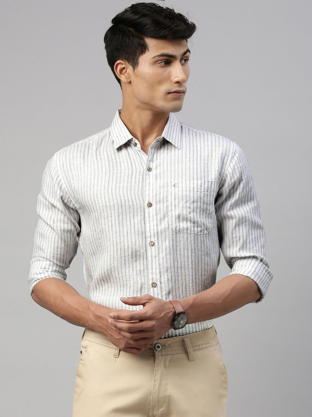 Ecentric - Men White Beige Stripes Hemp Formal Full Sleeve Shirt