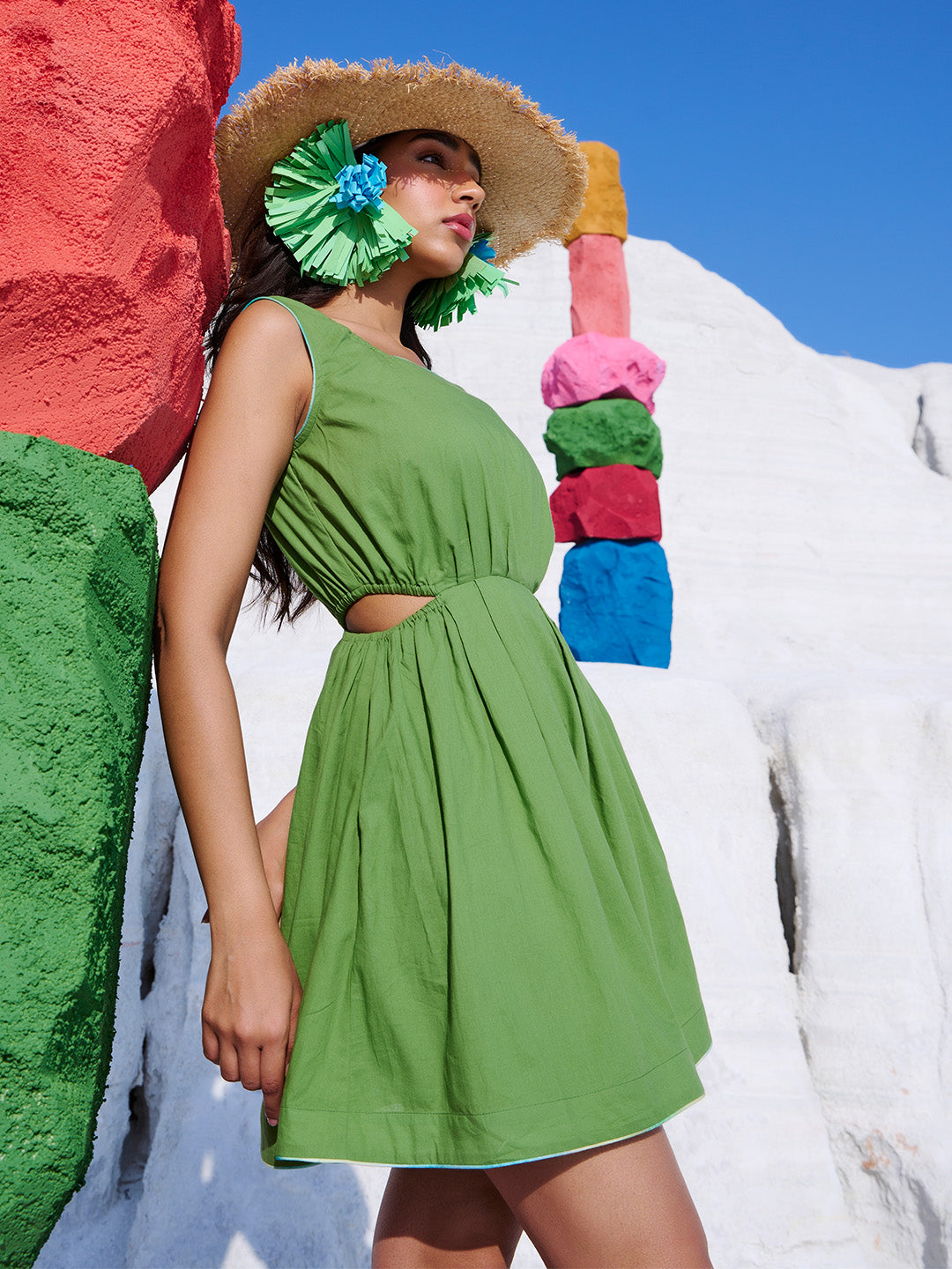 Zaccai - Green Cotton Solid Front Side Cut-Out Dress