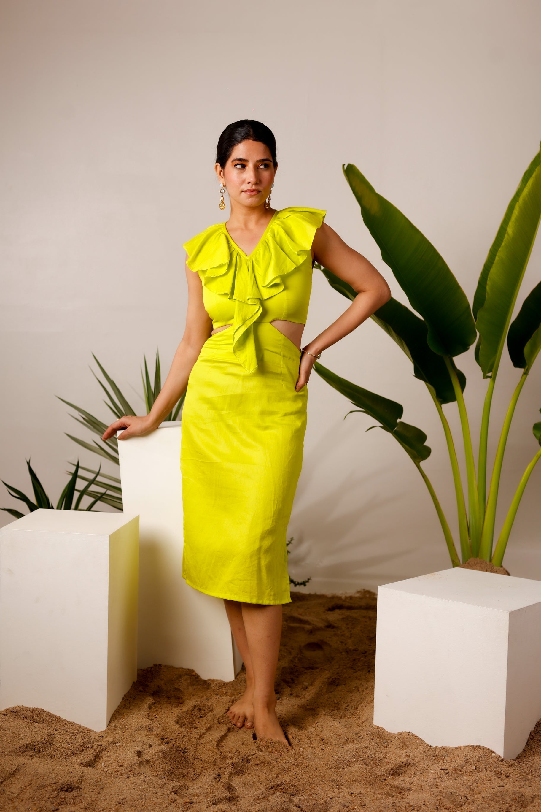 Moonstruck - Side waist cut-out ruffle neck midi dress