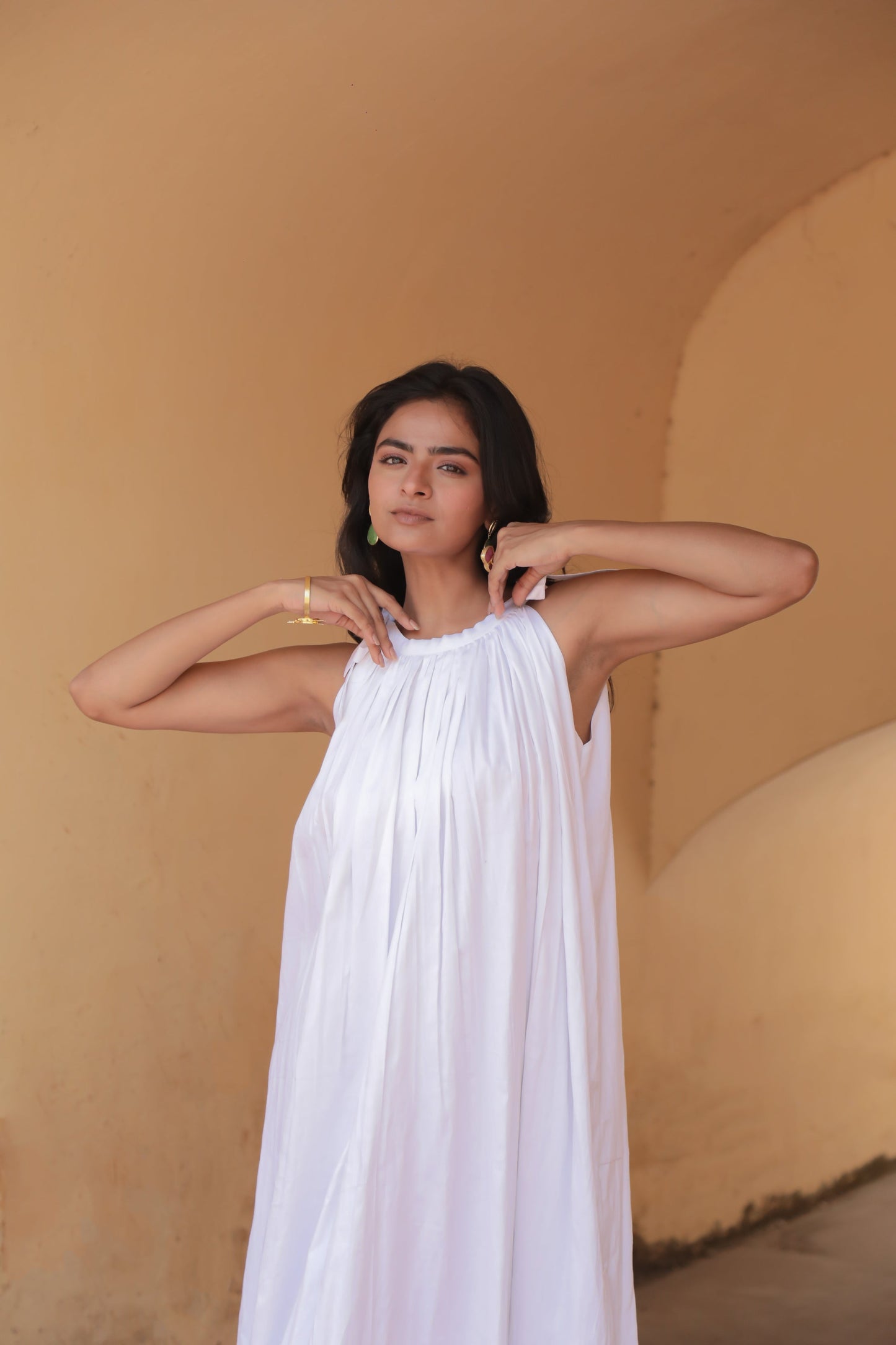 Moonstruck - Shoulder tie knot gathered white maxi