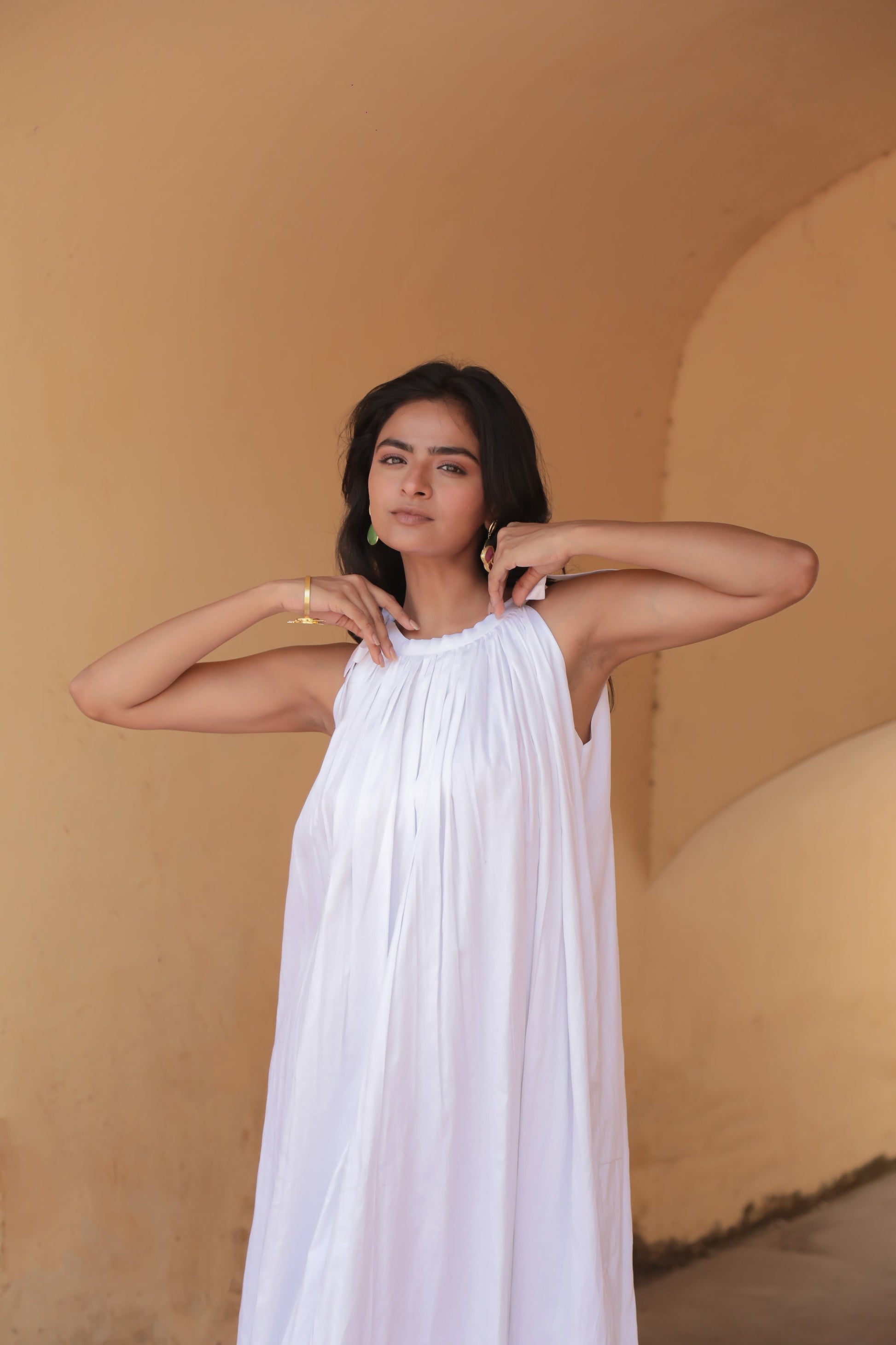 Moonstruck - Shoulder tie knot gathered white maxi