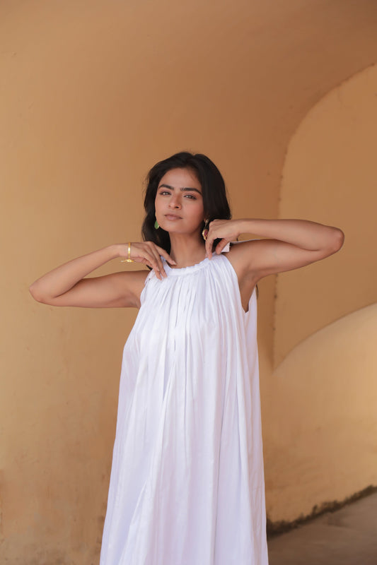 Moonstruck - Shoulder tie knot gathered white maxi
