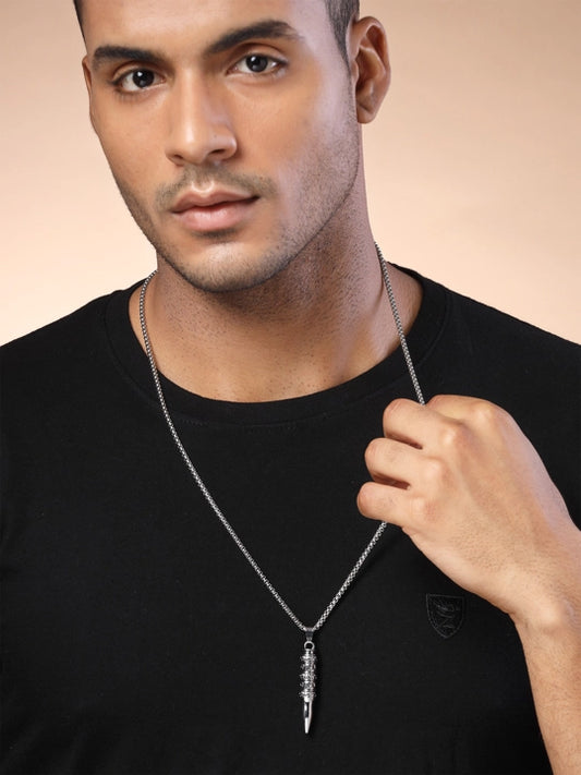 KARATCART - Bohey by KARATCART Silver Plated Carved Bullet Metal Chain Pendant for Men