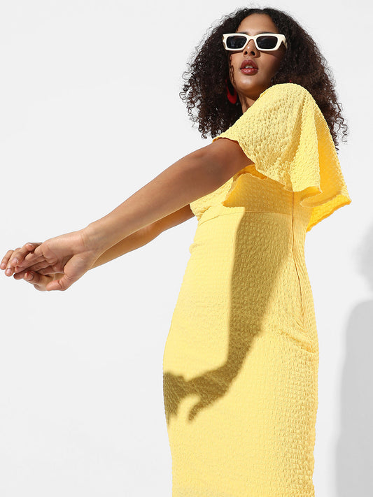 Campus Sutra - Solid Yellow One-Shoulder Dress With Ruffle Detail