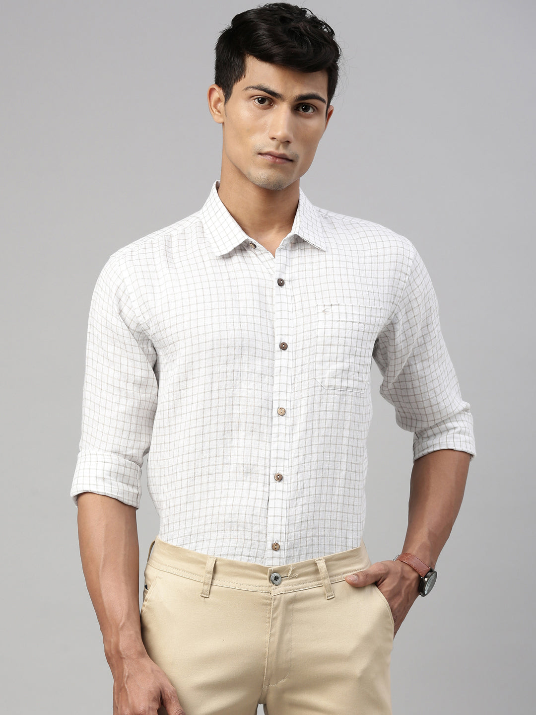Ecentric - Men White Beige Checks Hemp Full Sleeve Shirt