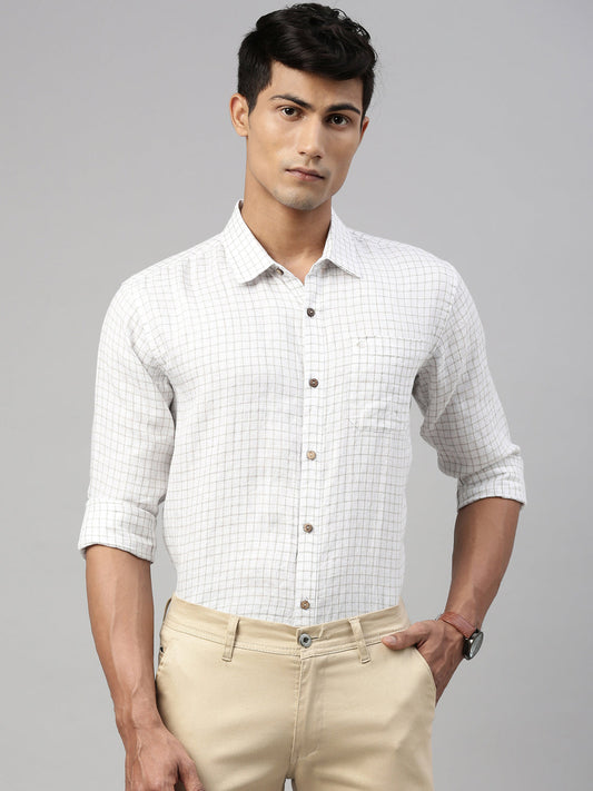 Ecentric - Men White Beige Checks Hemp Full Sleeve Shirt