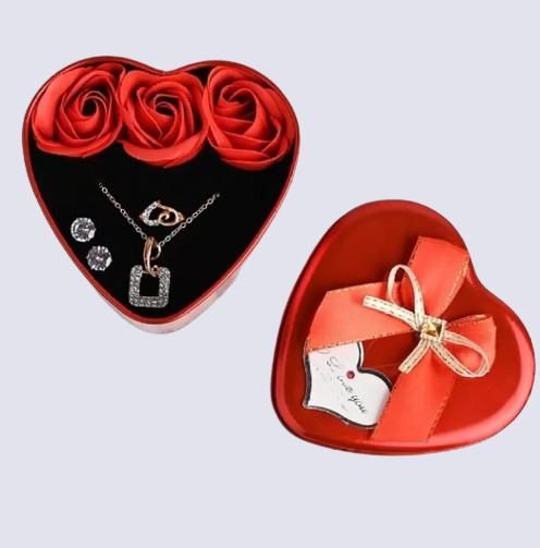 Sparkling Love Adornments Jewelry & Artificial Flower in Heart Red Box Valentine's Gift