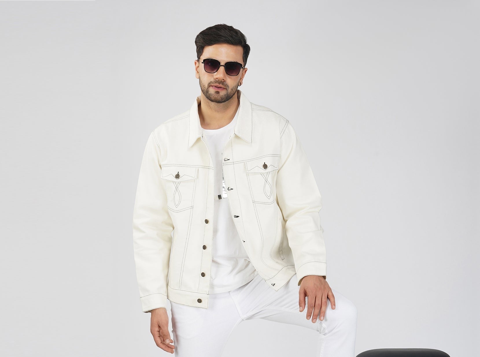 Clothing to Slay - Slay.  Off White Contrast Stitch Denim Cotton Biker Jacket For Men