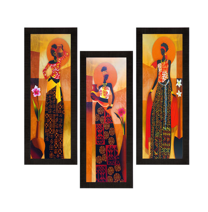 Set Of 3 Tribal Village Ladies Satin Matt Texture UV Art Painting