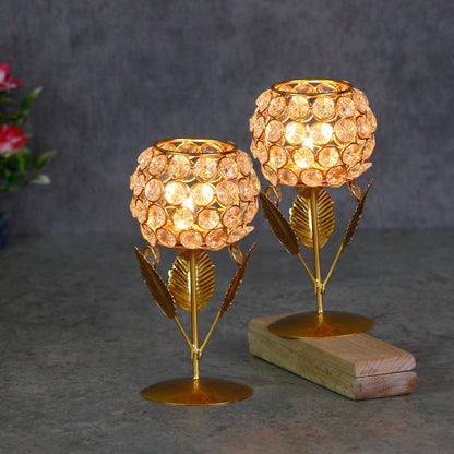 Set of 2 Glass With Leaf Shape Crystal Tea Light Holder