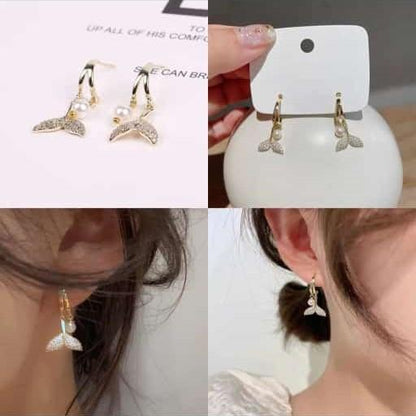 Cubic Zirconia Fishtail & Faux Pearl Decor Drop Earrings ( 1 Pair )