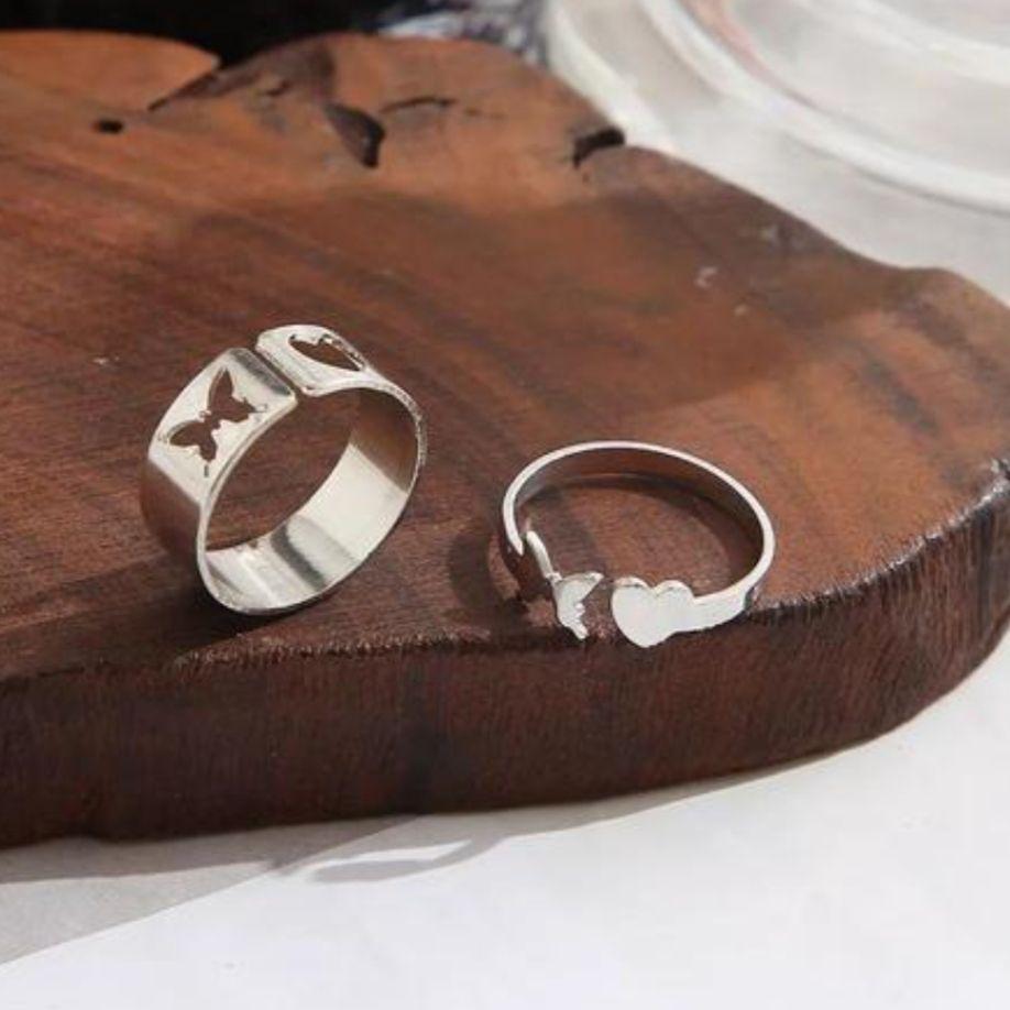 Combo of 2 Stylish Silver Plated Heart and Butterfly Couple Rings