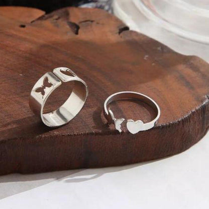 Combo of 2 Stylish Silver Plated Heart and Butterfly Couple Rings
