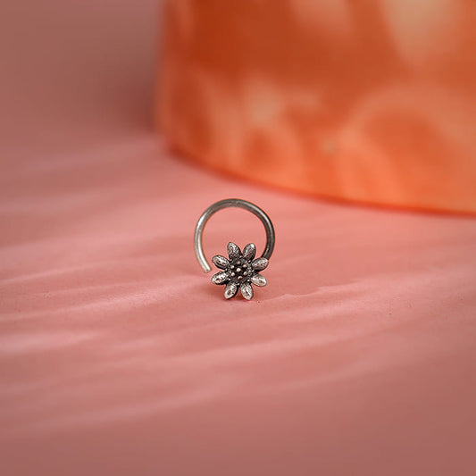 Oxidised Silver Flower Blossom Nose Pin | 925 Silver