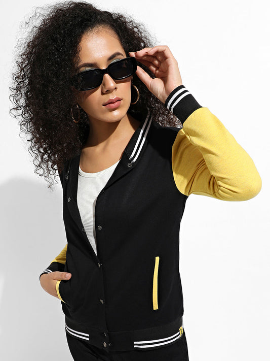 Campus Sutra - Black & Yellow Colourblock Sweatshirt With Ribbed Hem