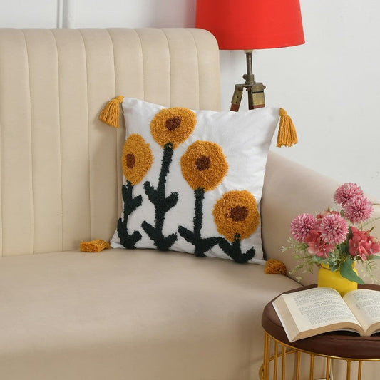 Sunflower Garden Tufted Cushion Cover | Vibrant Yellow with Tassels