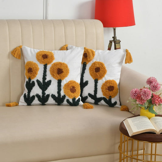 Sunflower Garden Tufted Cushion Cover | Vibrant Yellow with Tassels
