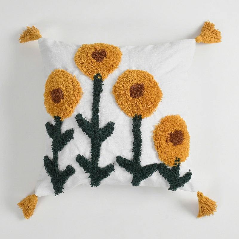 Sunflower Garden Tufted Cushion Cover | Vibrant Yellow with Tassels
