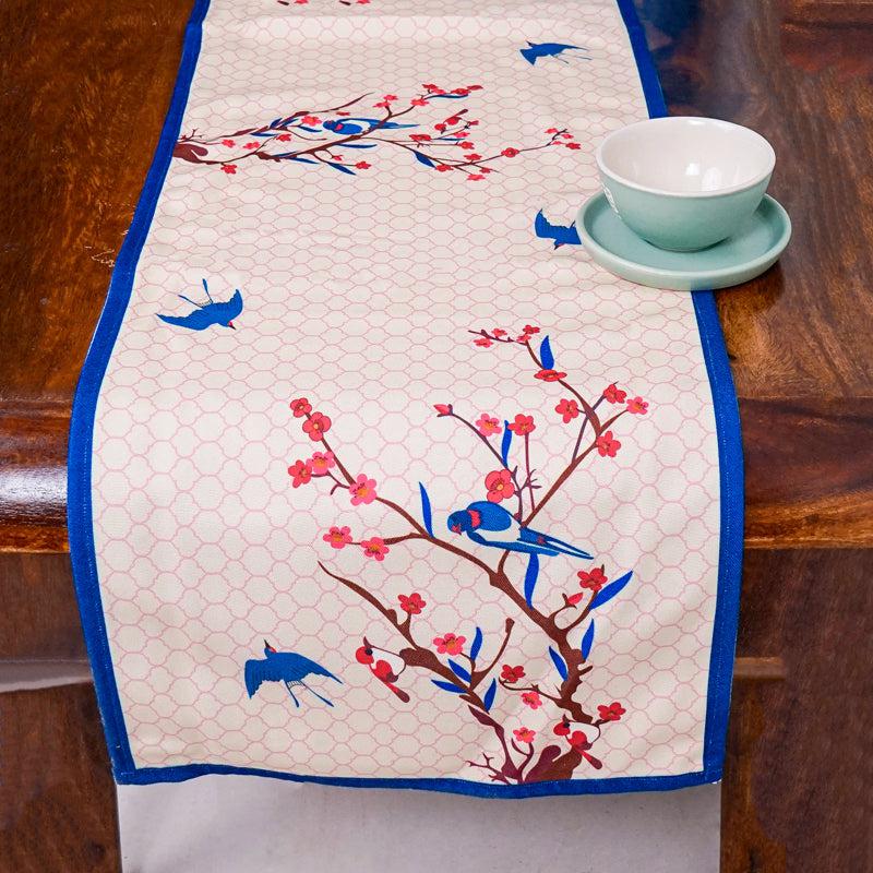 Spring Wonder Poly Canvas Table Runner | Blue Birds & Cherry Blossoms