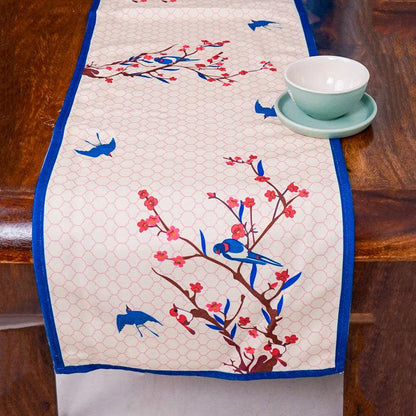 Spring Wonder Poly Canvas Table Runner | Blue Birds & Cherry Blossoms