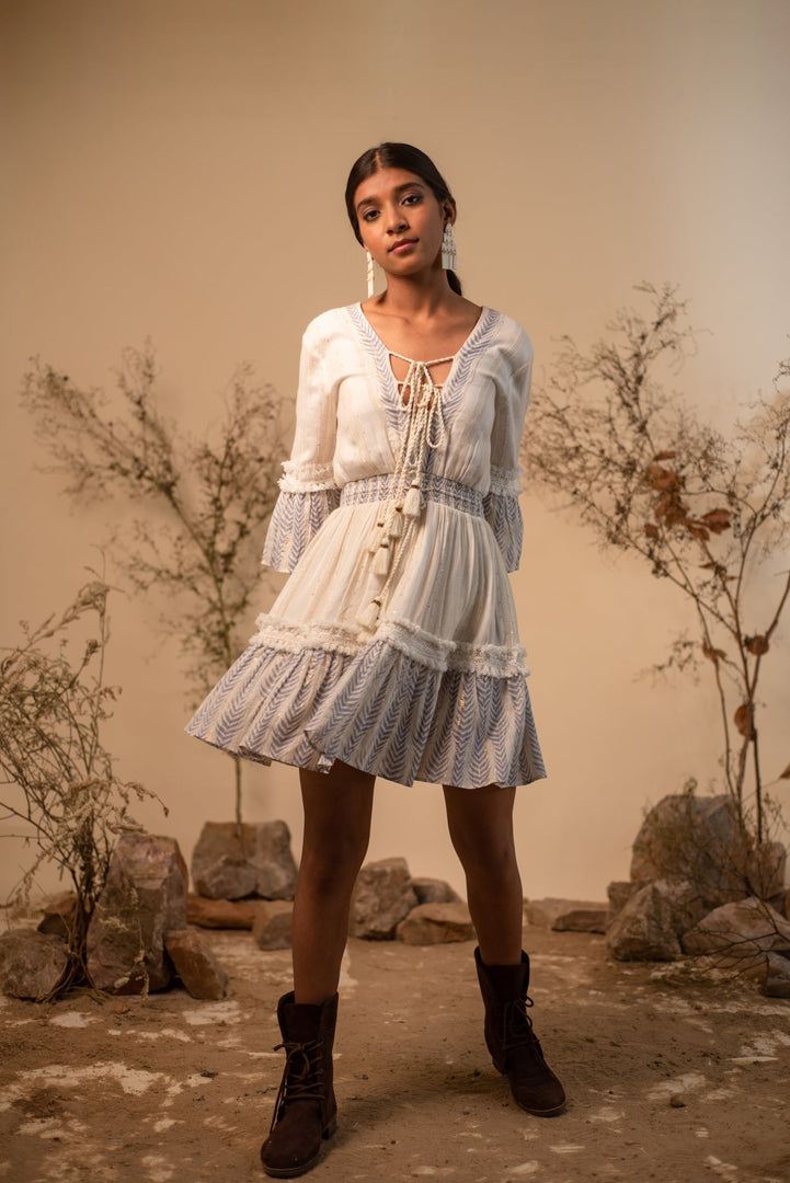 Label Reyya - Blue And White V Neck Dress