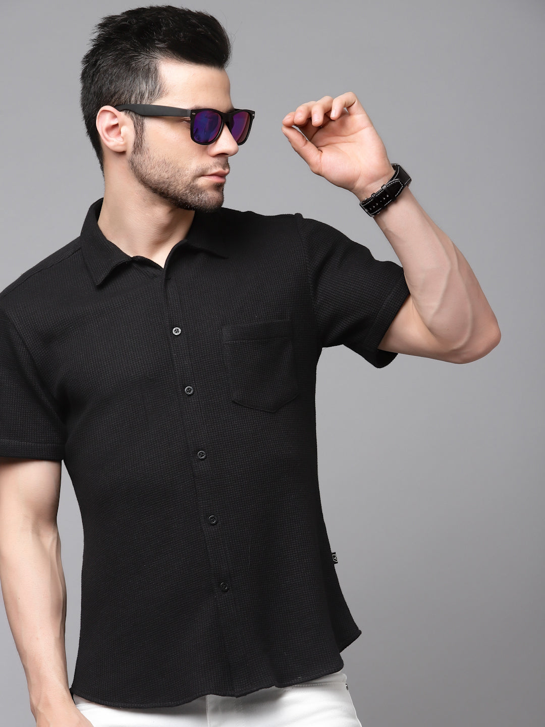 Rigo - Self Textured Waffle Knit Half Sleeves Shirt With Cuban Collar
