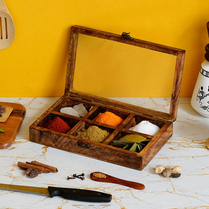Brown 6 Compartments Rectangle Handcrafted Wooden Spice Box