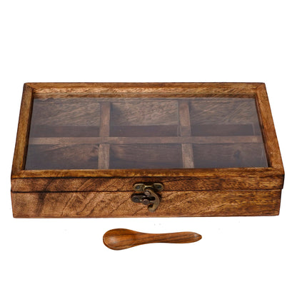 Brown 6 Compartments Rectangle Handcrafted Wooden Spice Box