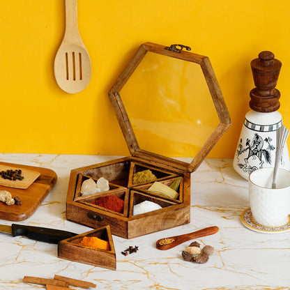 Brown 6 Triangle Compartments Handcrafted Wooden Spice Box