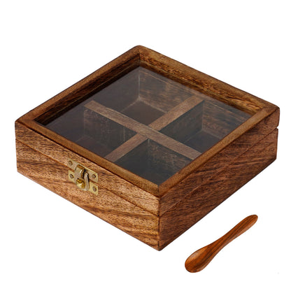 Brown 4 Compartments Square Handcrafted Wooden Spice Box