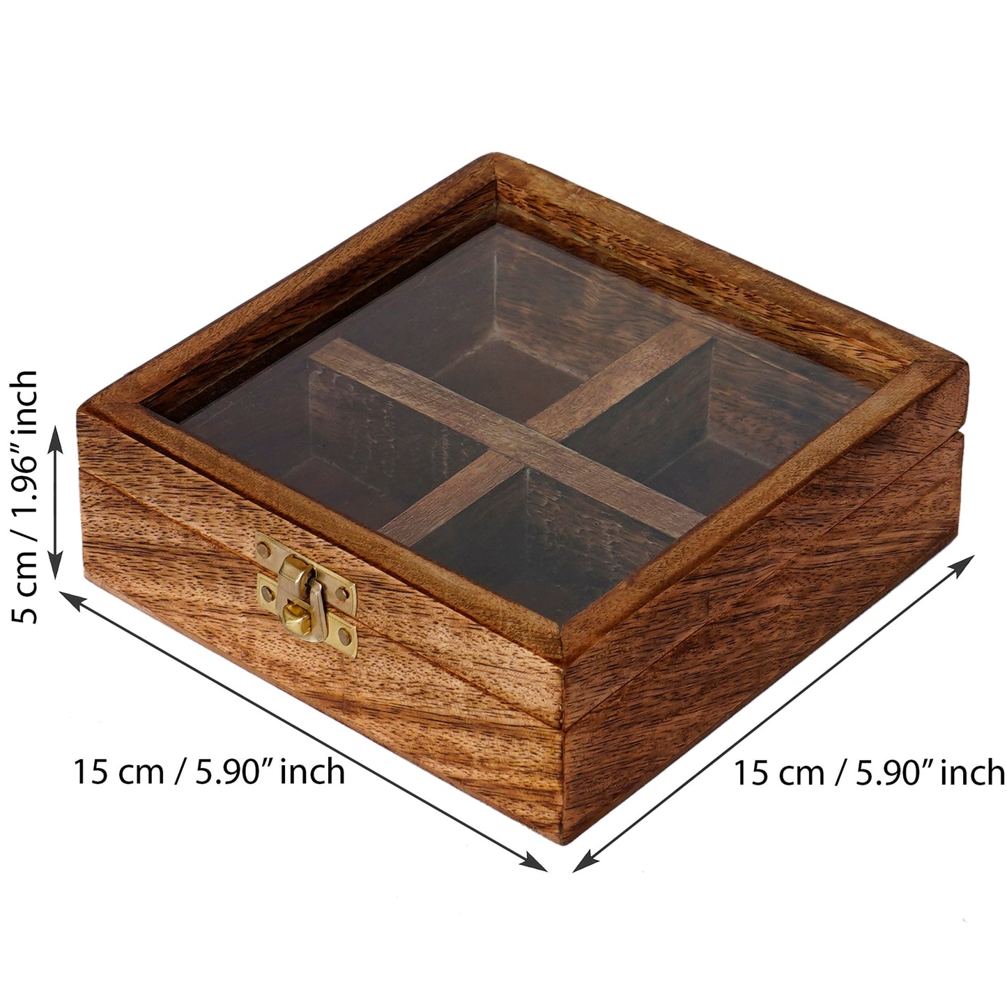 Brown 4 Compartments Square Handcrafted Wooden Spice Box