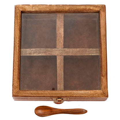 Brown 4 Compartments Square Handcrafted Wooden Spice Box