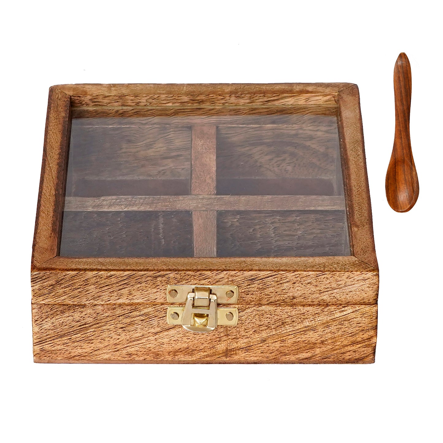 Brown 4 Compartments Square Handcrafted Wooden Spice Box