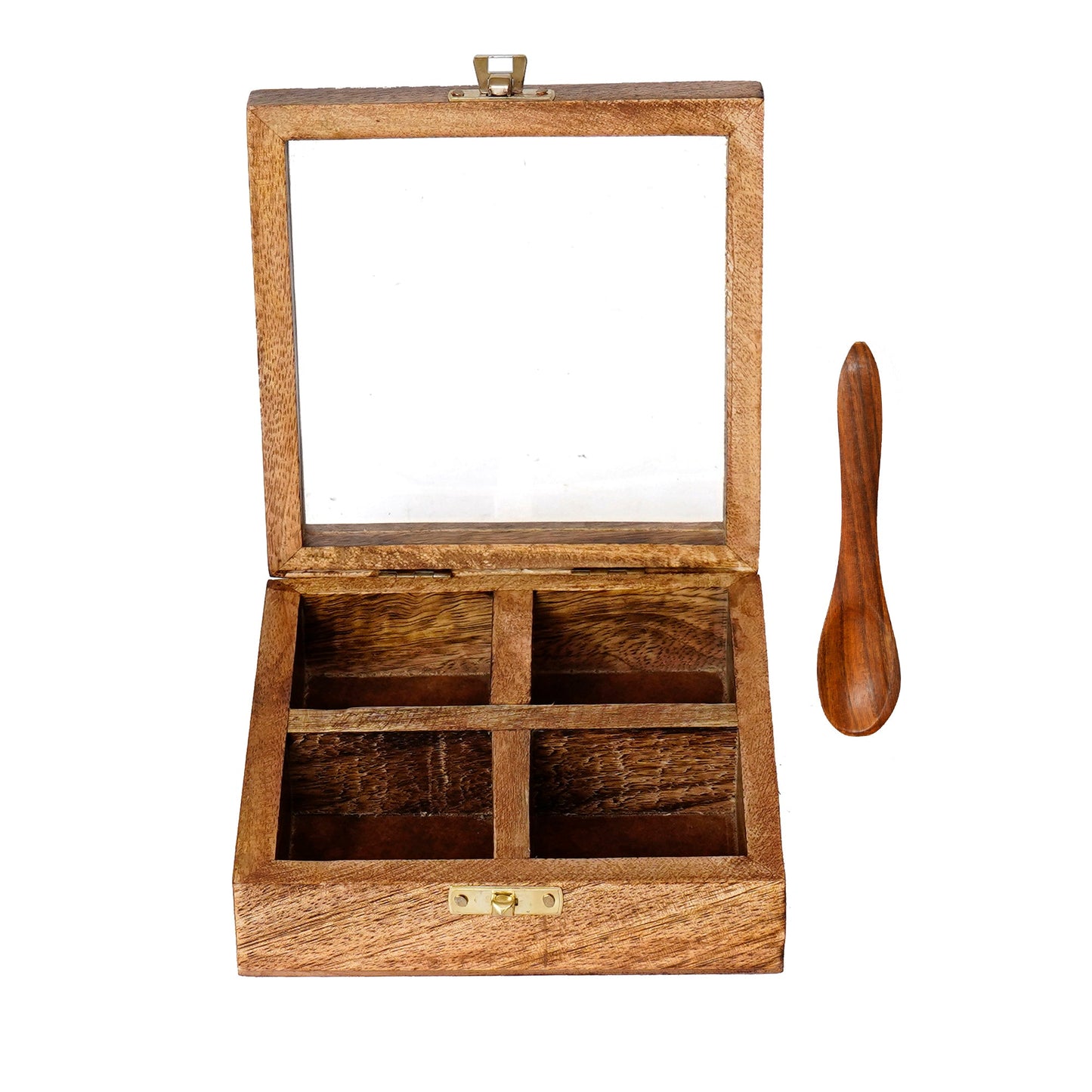Brown 4 Compartments Square Handcrafted Wooden Spice Box