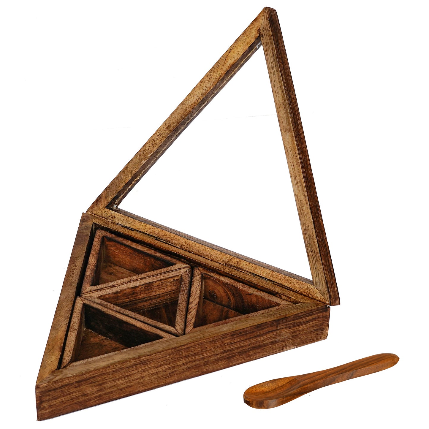 Brown 4 Triangle Compartments Handcrafted Wooden Spice Box